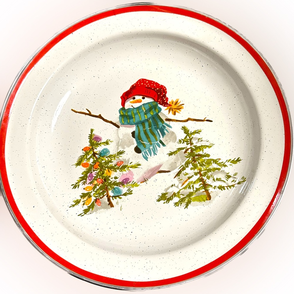 VTG HALLMARK MITFORD SNOWMAN ENAMEL JAN KARON SALAD SOUP BOWL PIE PLATE 10.25”